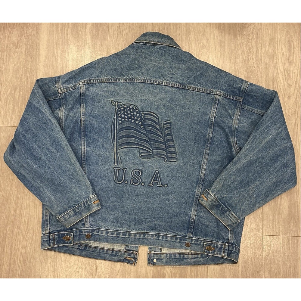 Vintage Tyca Jacket Mens XL Blue USA Flag Denim Jean‎ Embossed 90s Button Pocket